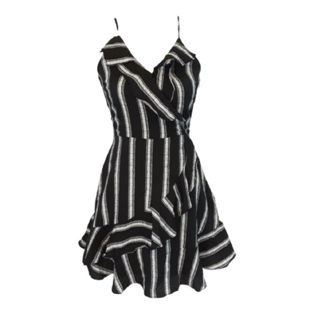 Altar'd State Black White Striped Asymmetrical Ruffle Mini Dress Faux Wrap Small